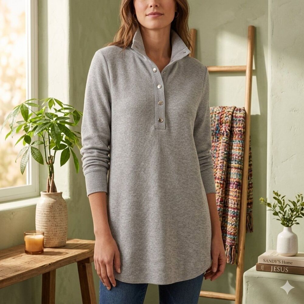 Soft Surroundings Meria Tunic Sweater Womens M Gray 1/4 Snap Knit Pullover